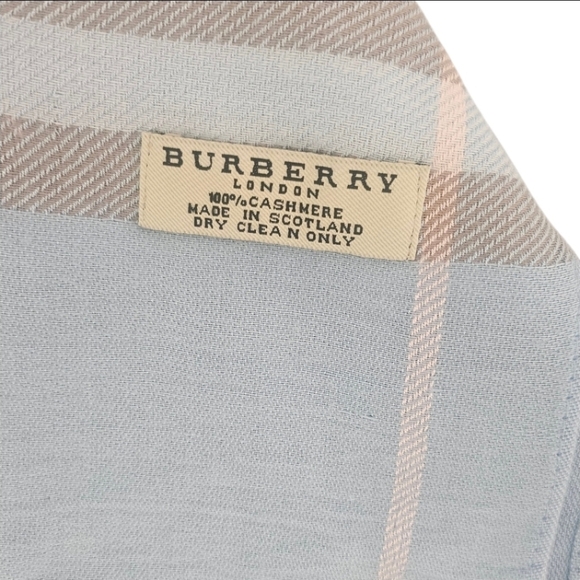 Burberry London 100% Cashmere Powder Blue Tan Cream Check Luxury Designer Scarf - Picture 2 of 5